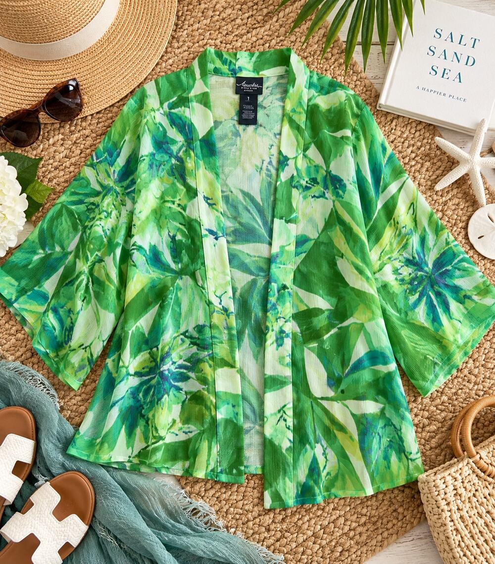 Chico's Size 1 Green Tropical Leaf Print Open Front Kimono Cardigan Sheer